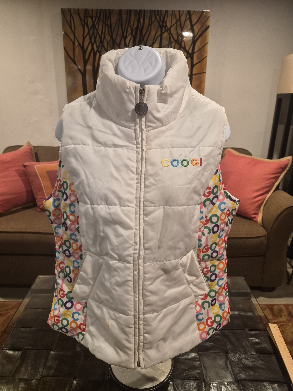 COOGI White Puffer Vest with Multicolor Logo Panels
